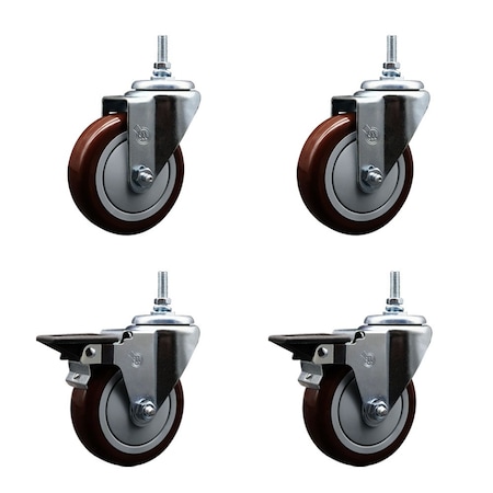 Service Caster 4 Inch Maroon Polyurethane 12 MM Threaded Stem Caster Set 2 Brakes SCC SCC-TS20S414-PPUB-MRN-M1215-2-PLB-2